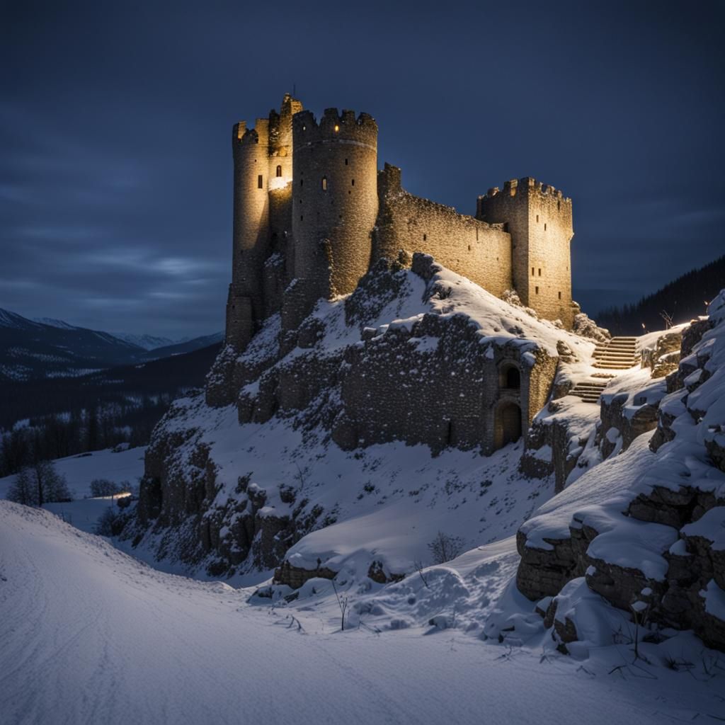 Snowy Medieval Castle Ruins at Night