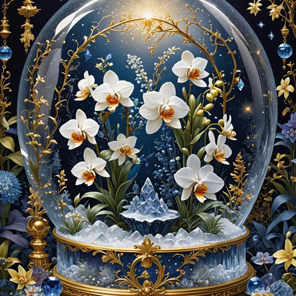 Magical Snowglobe with Gems and Orchids in Glittercore Style
