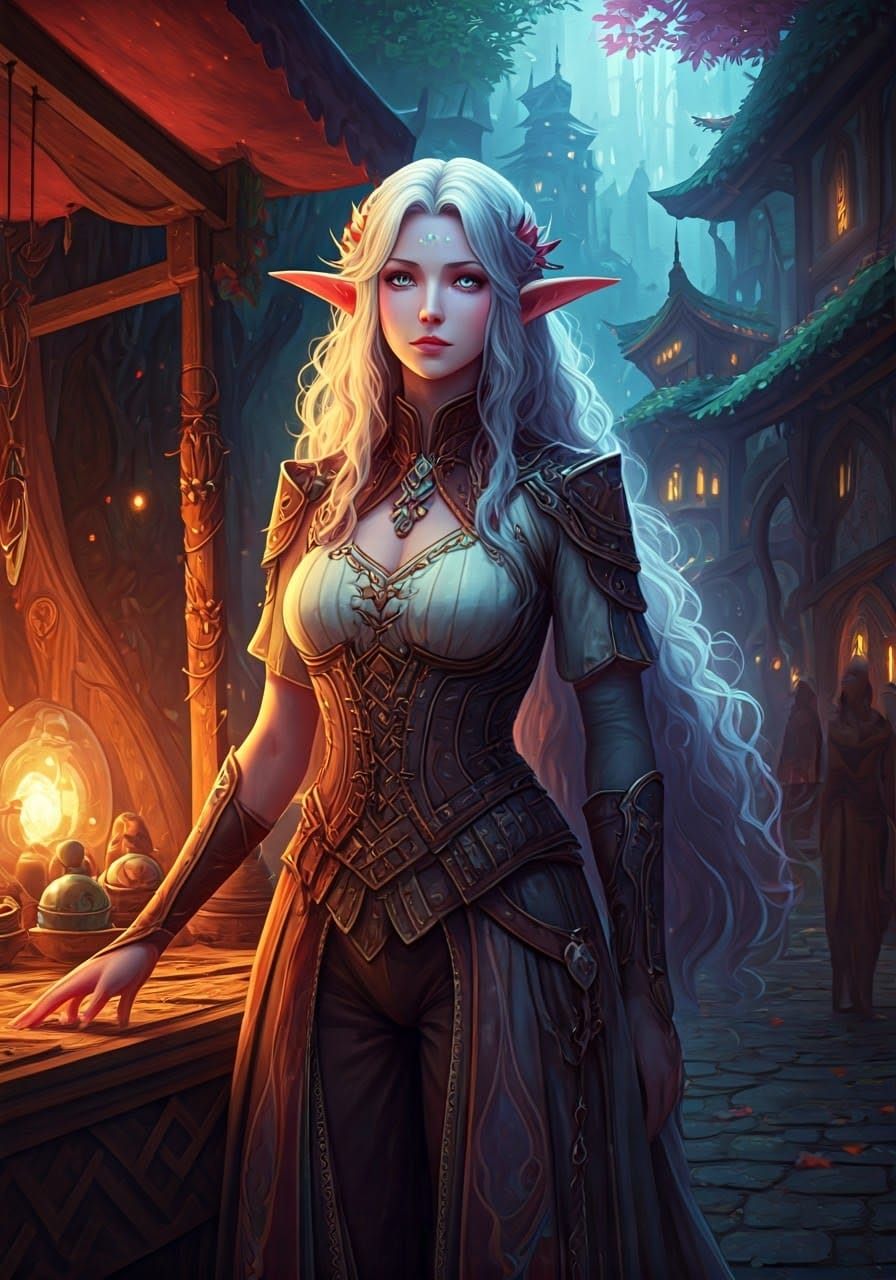 Majestic Elven Market Merchant in Fantasy Forest City
