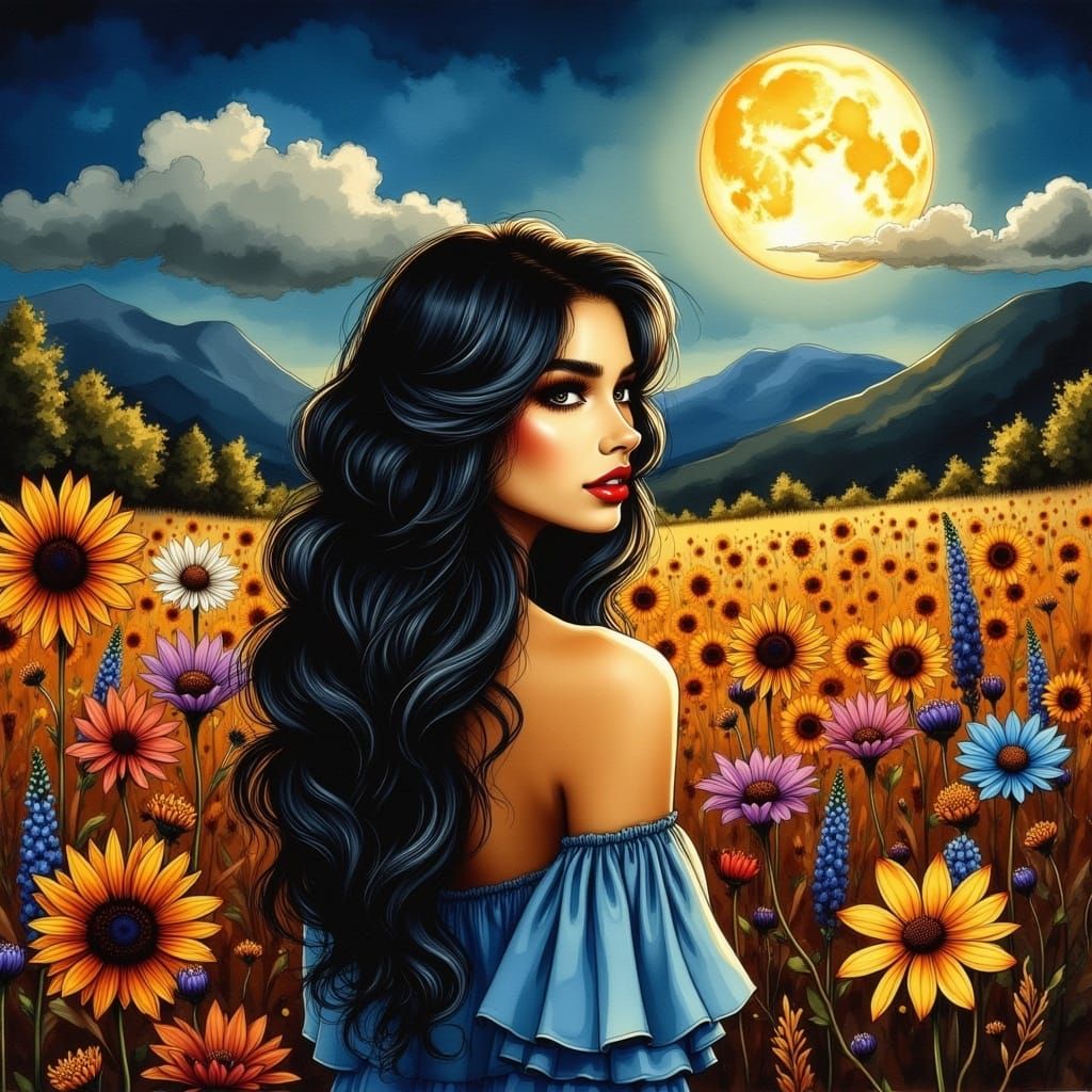 Hippy Girl in Wildflowers under Full Moon