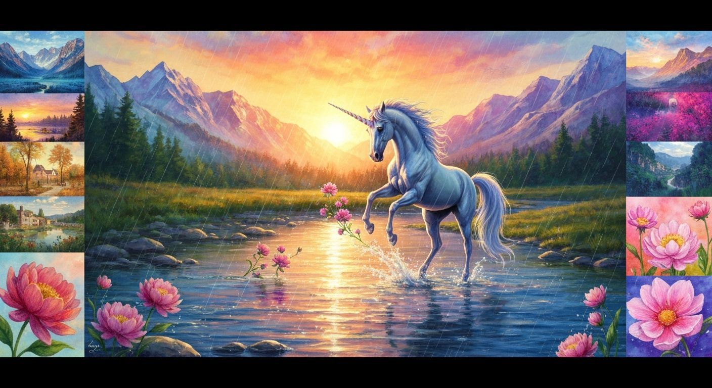 Majestic Unicorn in River at Sunrise, Watercolor Painting