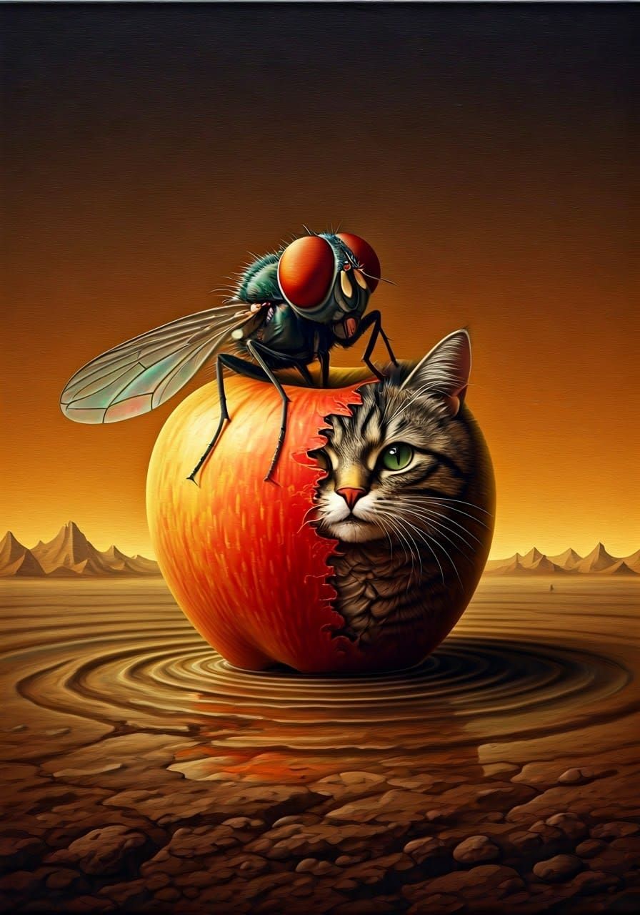 Surreal Oil Painting of Feline Fruit Fusion in Mud