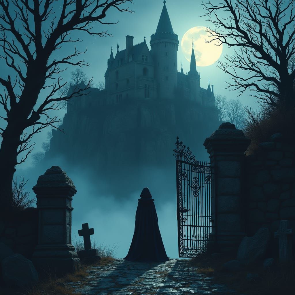 Eerie Victorian Castle Under Moonlight