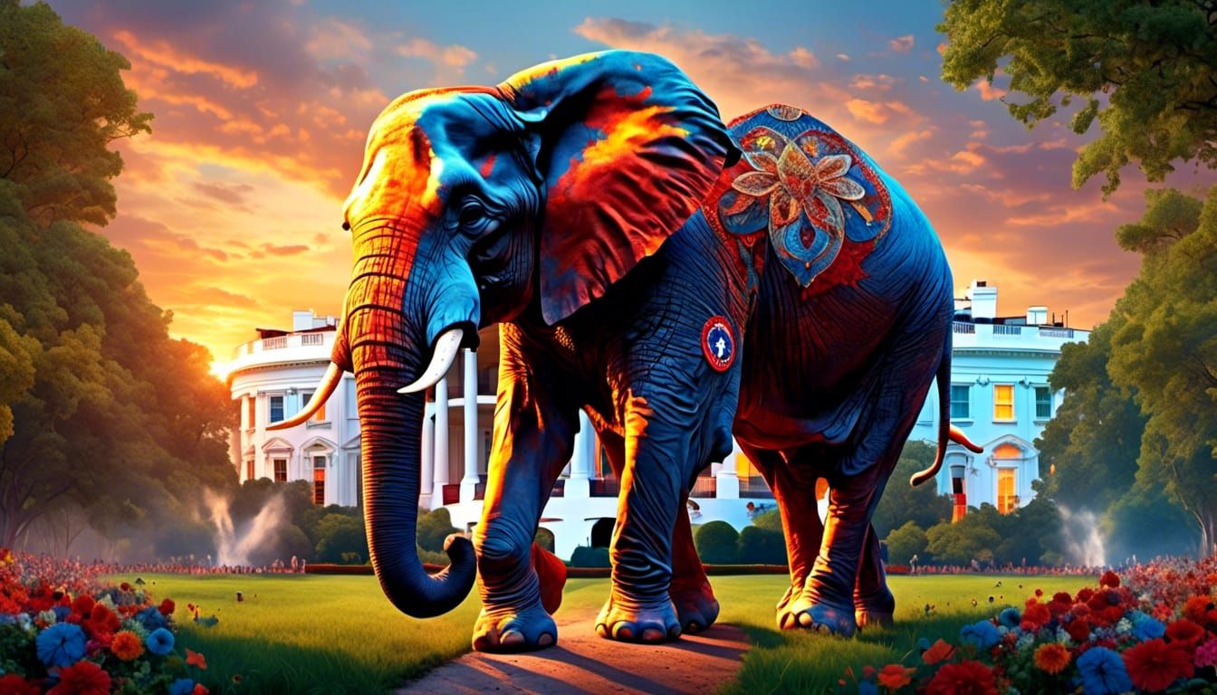 Hyperreal Colored Elephant at White House Sunset