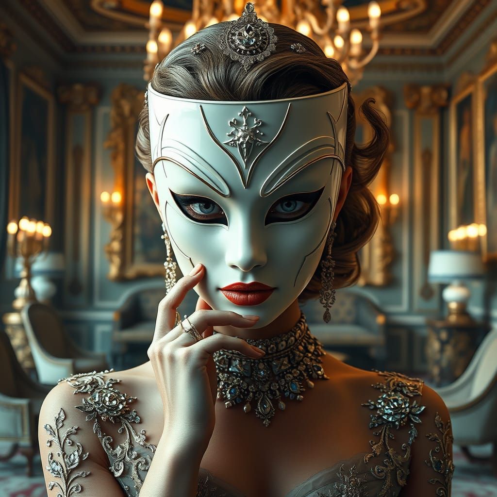 Perfect Facade with Vulnerable Eyes in Futuristic Luxury Set...