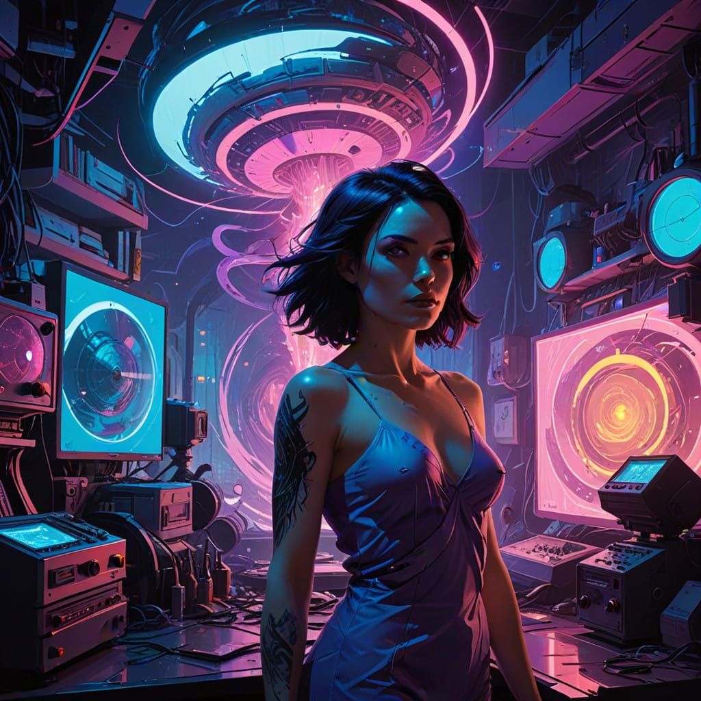 Cyberpunk Woman Channels Magical Energy in a Whirlwind of Ne...