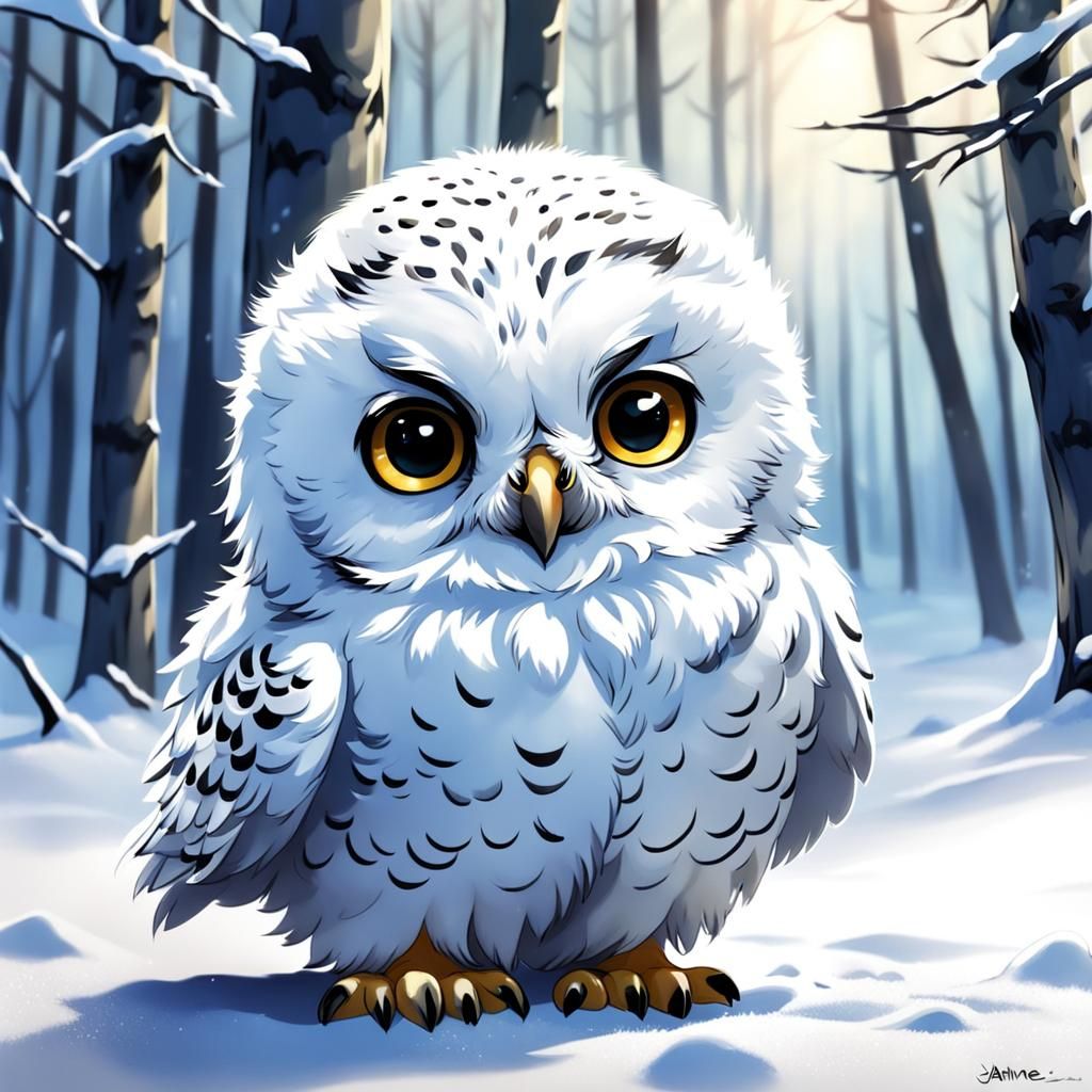 Adorable Baby Snowy Owl in Anime Style