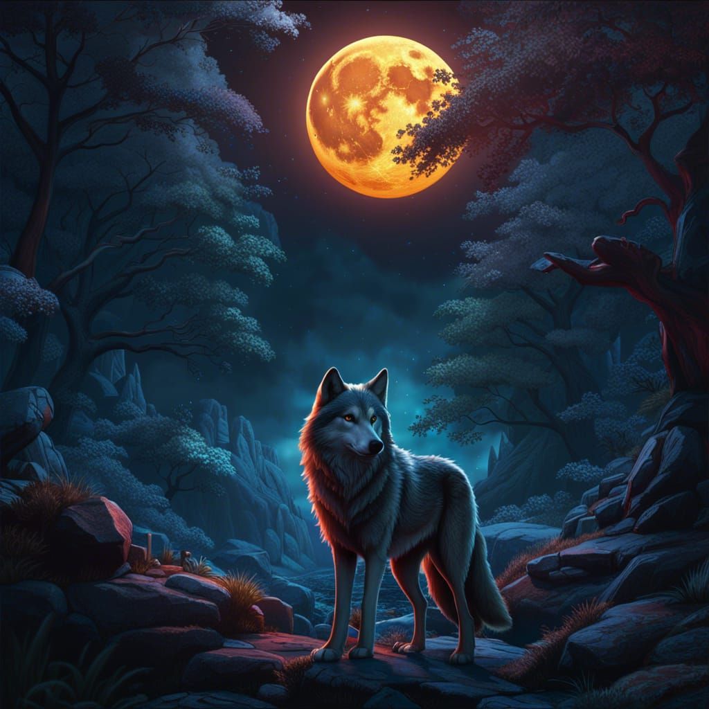 Wolf Howling at Moon: Detailed Fantasy Art