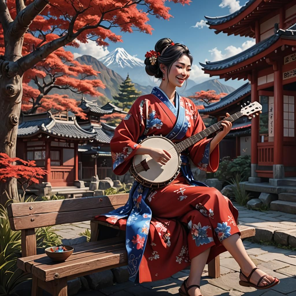 Kimono Woman Plays Banjo: Fantasy Concept Art