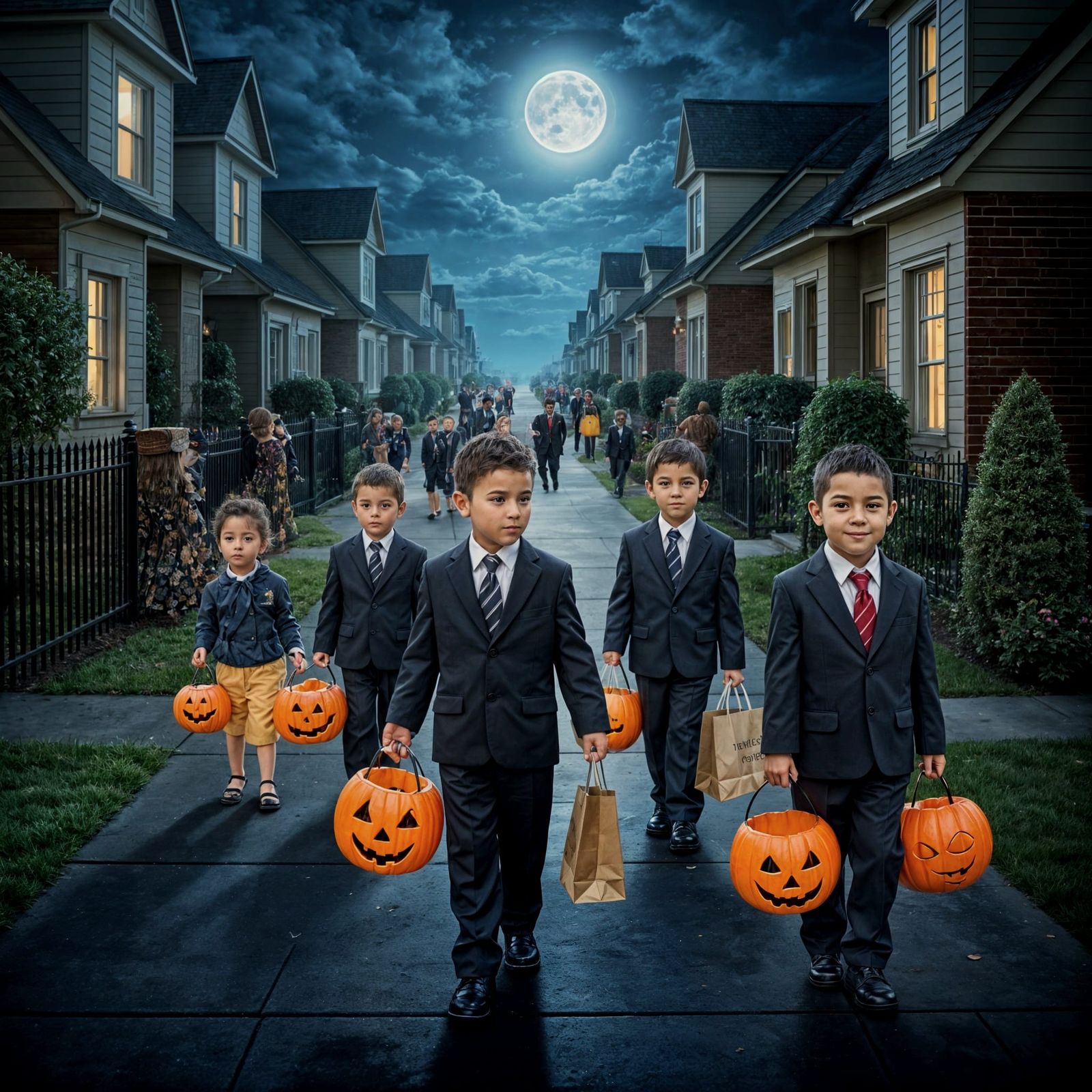 Children Trick-or-Treating in Identical Business Suits