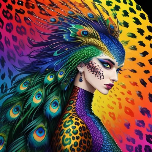 Rainbow Dragon Woman with Peacock Hair