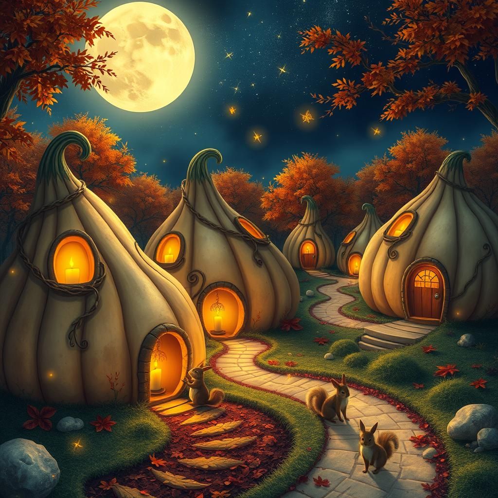 Magical Autumn Gourd Village with Fireflies