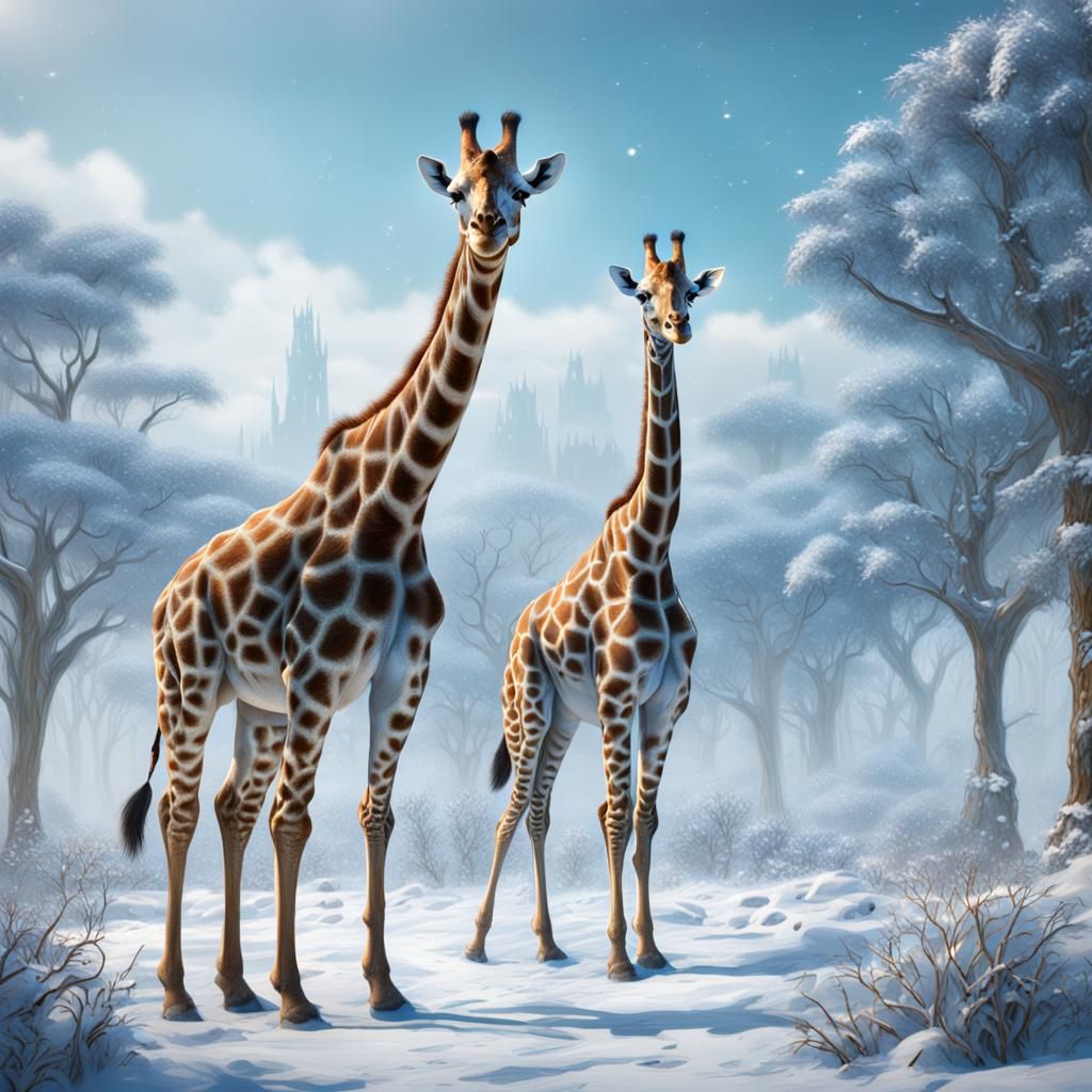 Giraffes in Snowy Landscape with Blue Aura