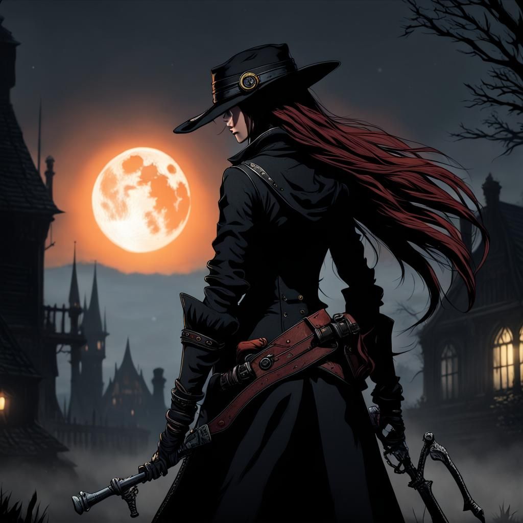 Bloodborne Female Hunter with Moon Background