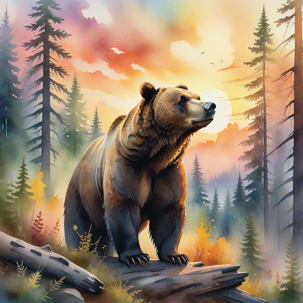Serene Bear Watches Sunrise in Misty Forest Watercolor Paint...