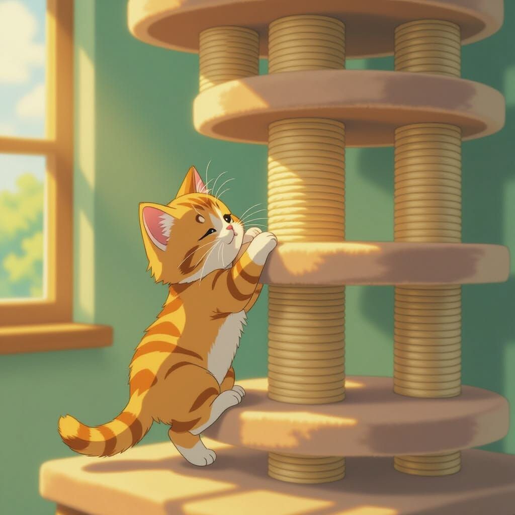 Fluffy Kitten Tries to Climb Cat Tree