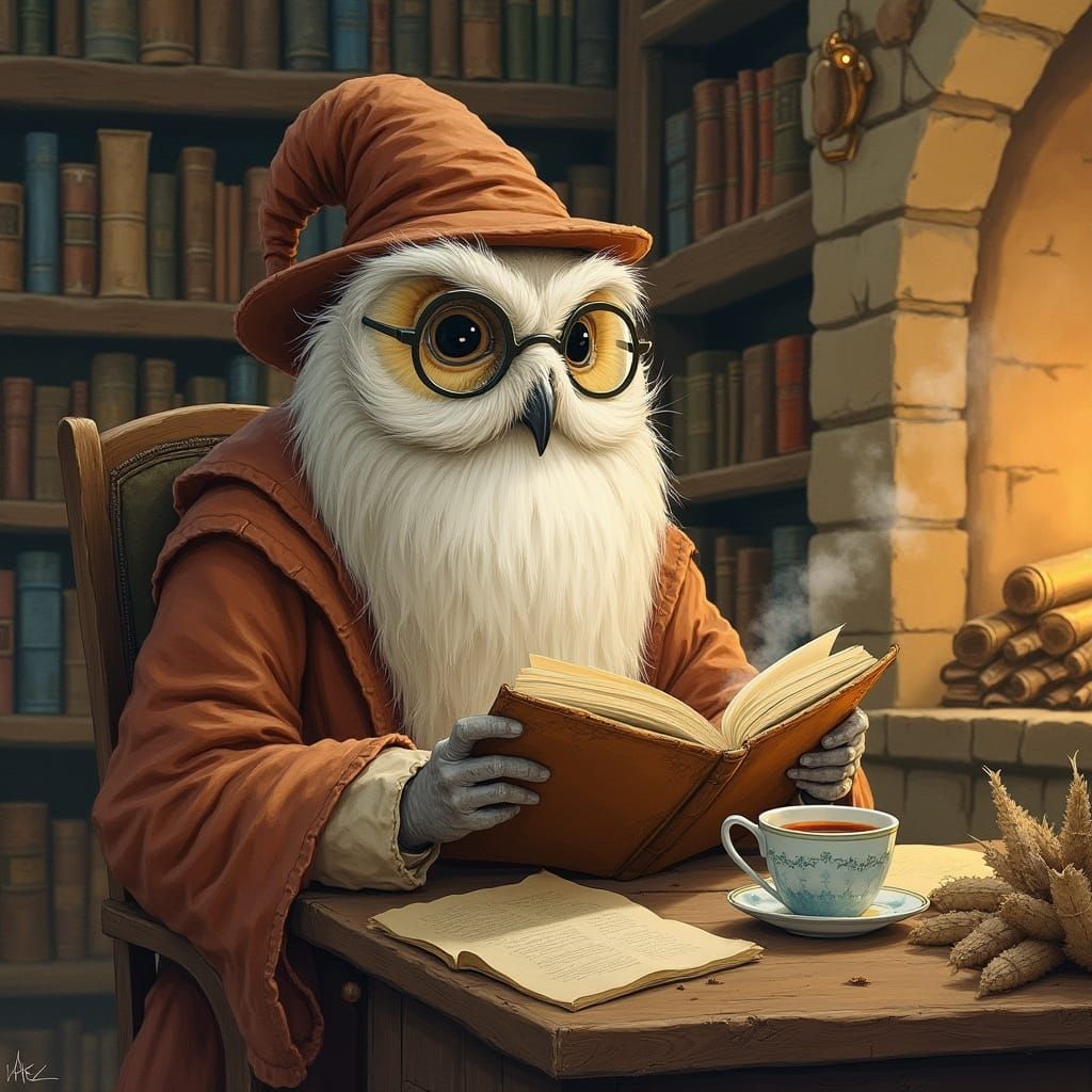 Wise Owl Sage Reading in Cozy Study
