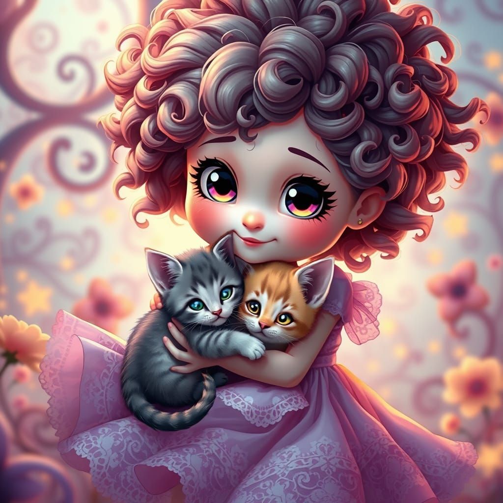 Whimsical Fantasy Girl Cradles Kitten in Dreamlike Setting