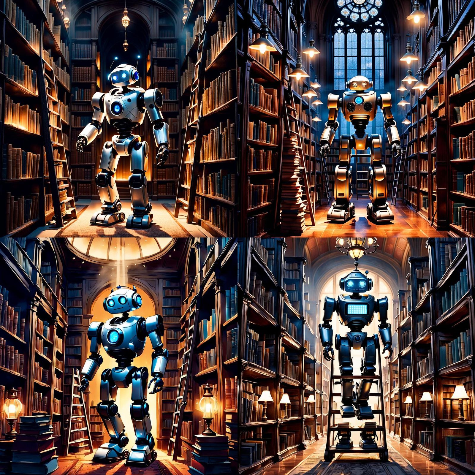 Diligent Robot Dusting Books in Grand Library