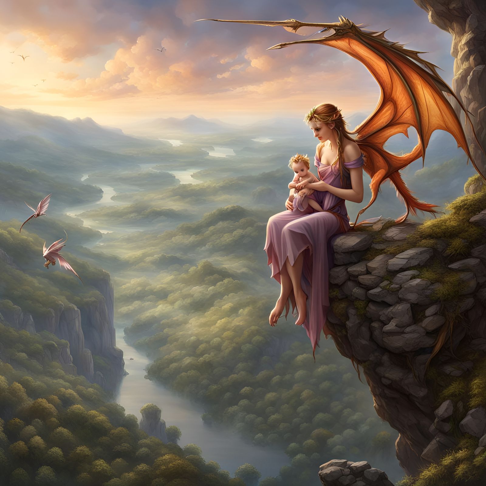 Beautiful fairy standing on a cliff, holding a baby dragon to set free, overlooking a beautiful kingdom valley.