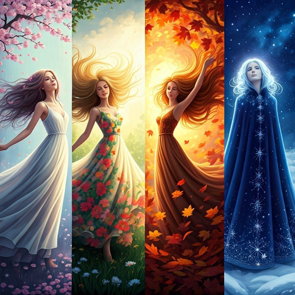 Four Seasons Dreamlike Female Figure, Mixed Media Art