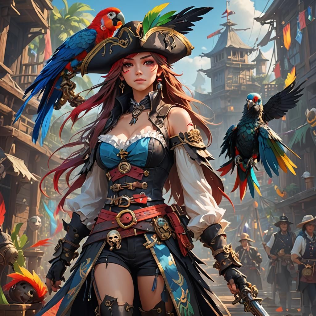 Anime Pirate with Parrot on Dock