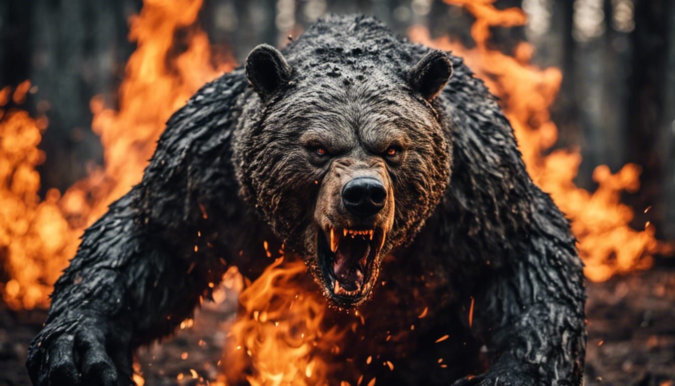 Furious Fire Bear Portrait in Burning Forest