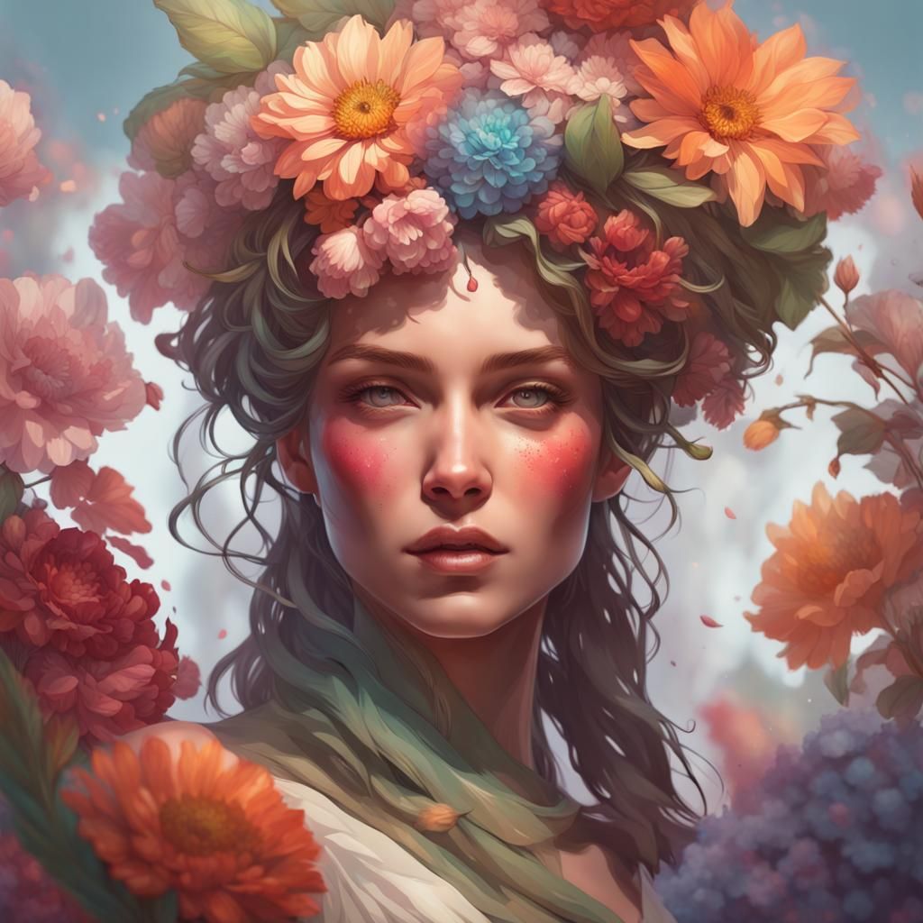 Detailed Flower Woman Portrait in Art Nouveau Style
