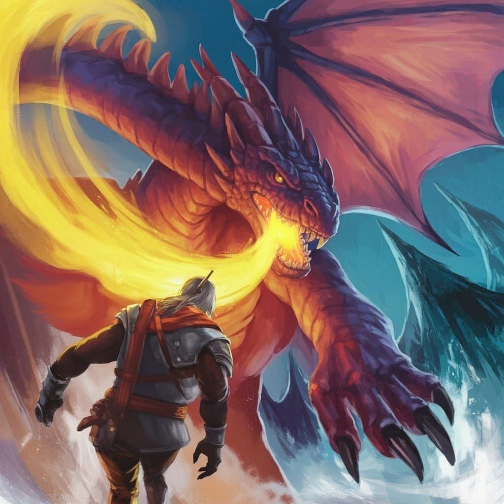 Giant Dragon Confronts Adventurer in Epic Scene