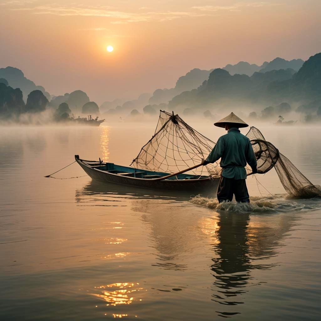 Vietnamese Fisherman Silhouette at Sunrise in Ethereal Style