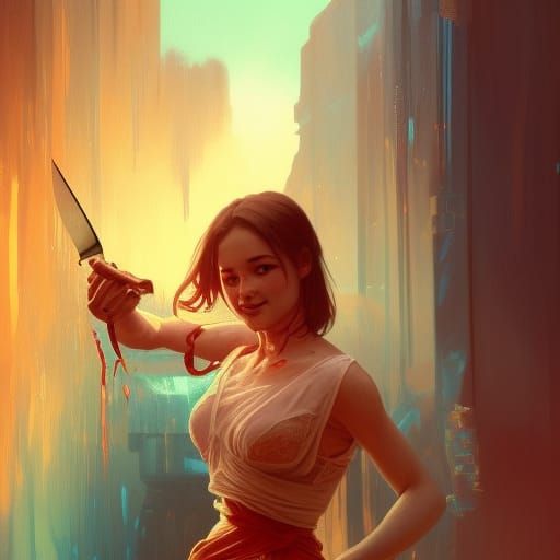 Horrific Scene of Cute Girl Holding Bloody Knife