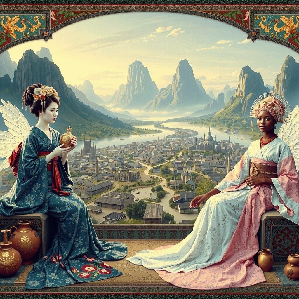 Geisha and Princess Overlook Beautiful Mountain Town