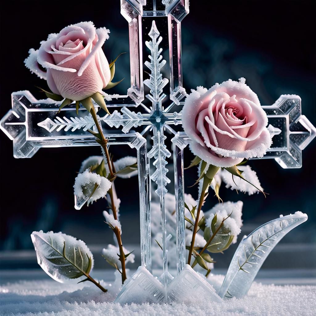 Ice Sculptures Of a Frozen Cross and Roses