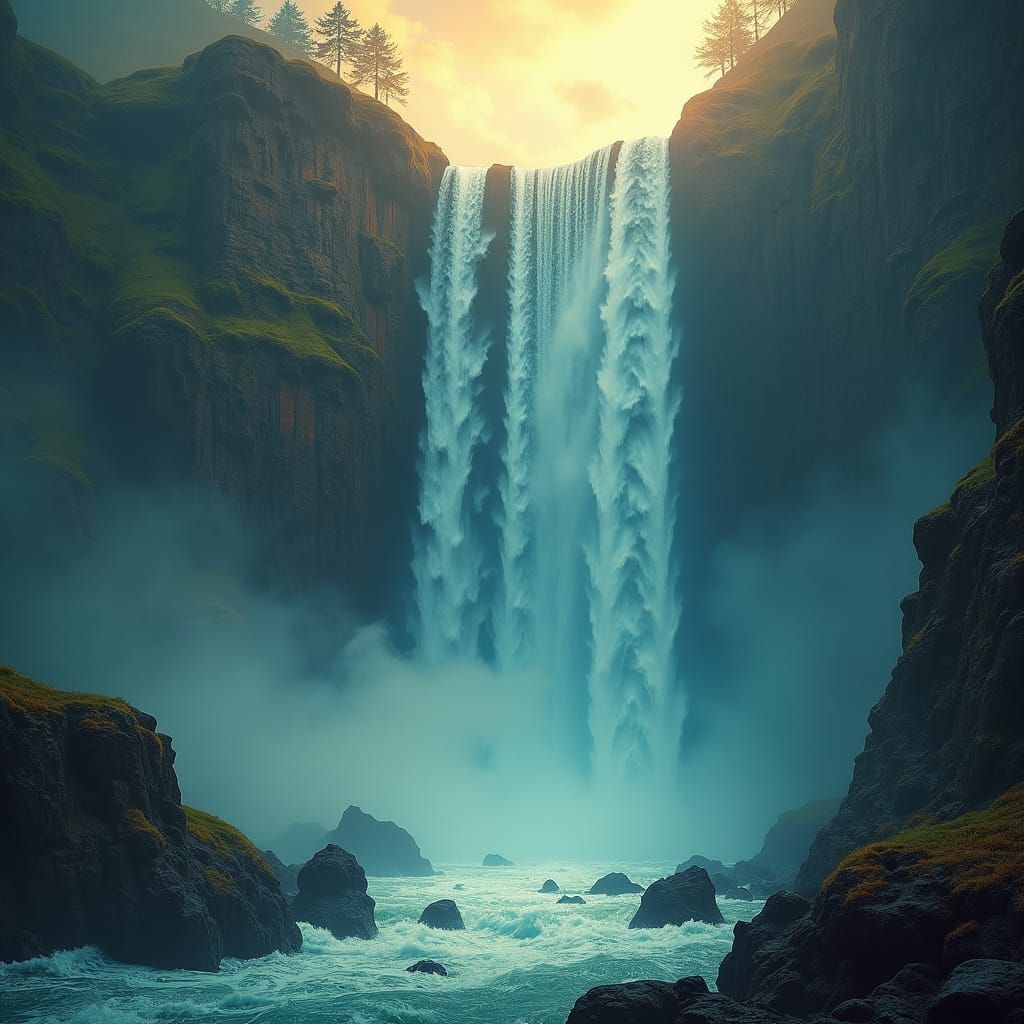 Mystical Waterfall Cascading into Bottomless Abyss