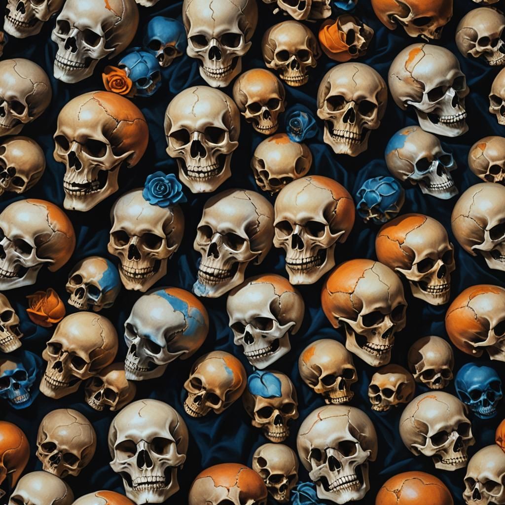 Hyper-Realistic Still Life of Skulls on Velvet