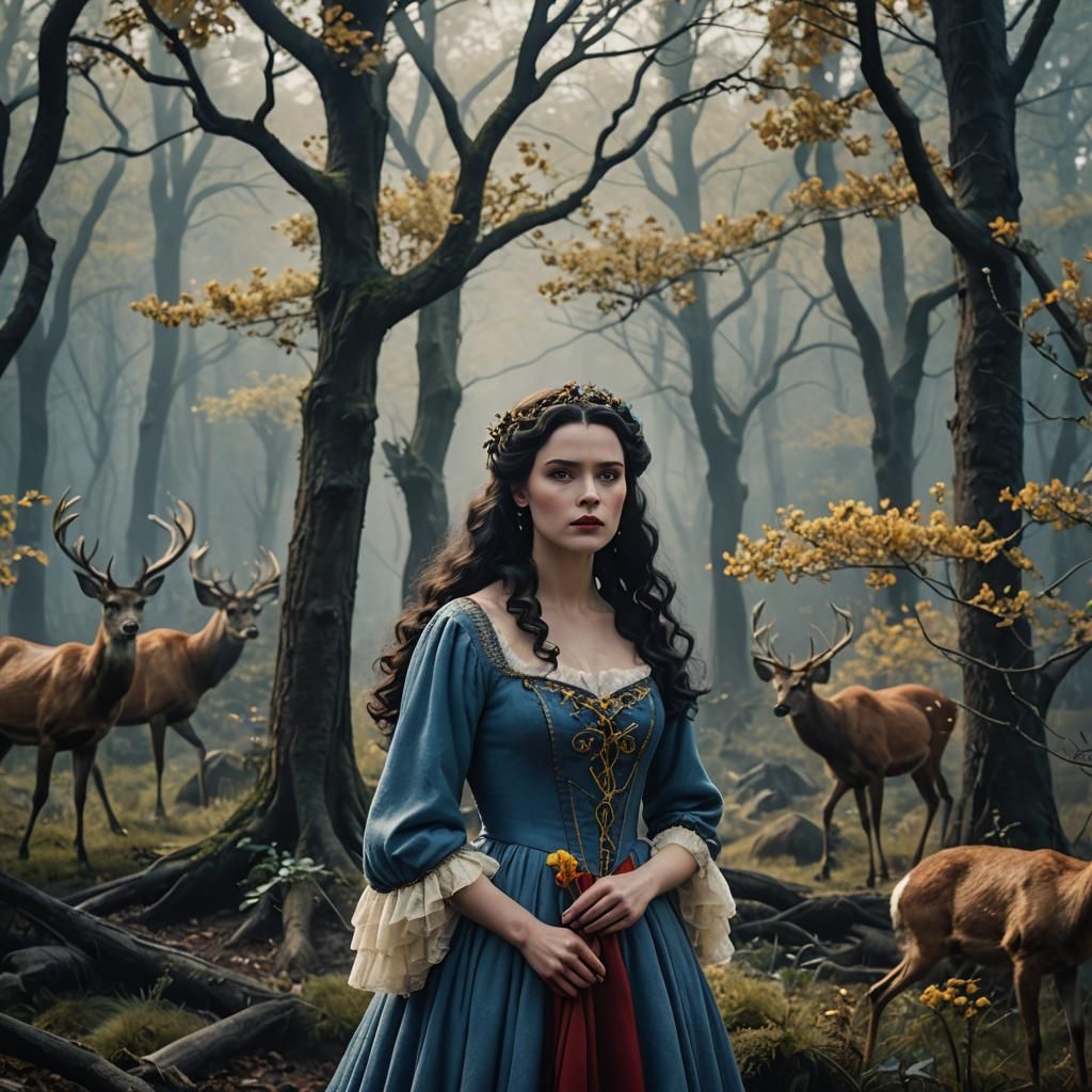 Snow White in Misty Forest: Cinematic Film Still