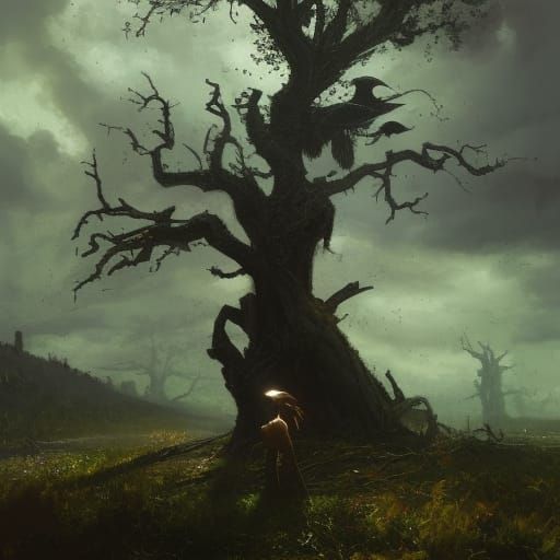 Wolf Protector and Raven in Twilight, Detailed Painting