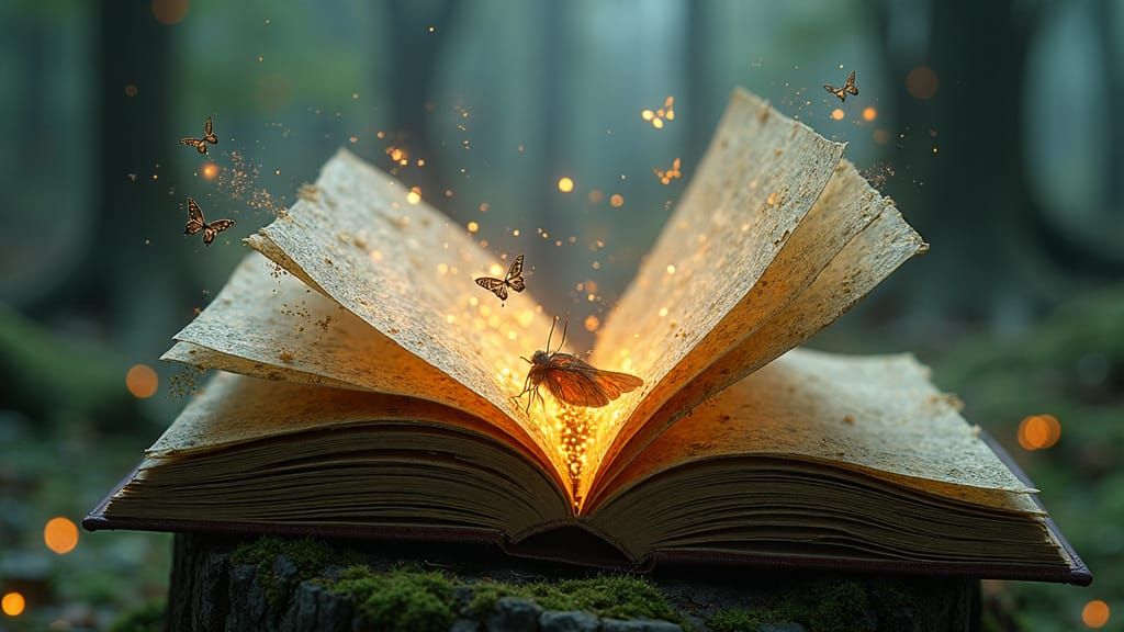 Enchanted Forest Grimoire with Pixies in Hyperdetailed Fanta...