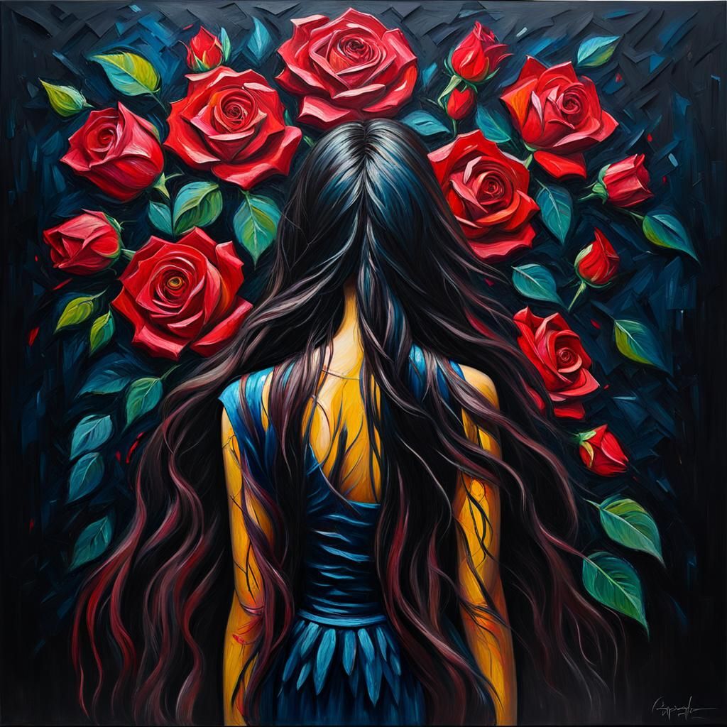 Girl with Roses: Neo-Expressionist Impasto Oil Painting