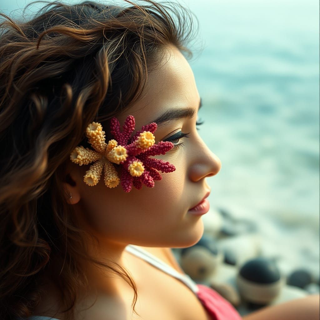 Exotic Beach Beauty with Coral Reef Hair