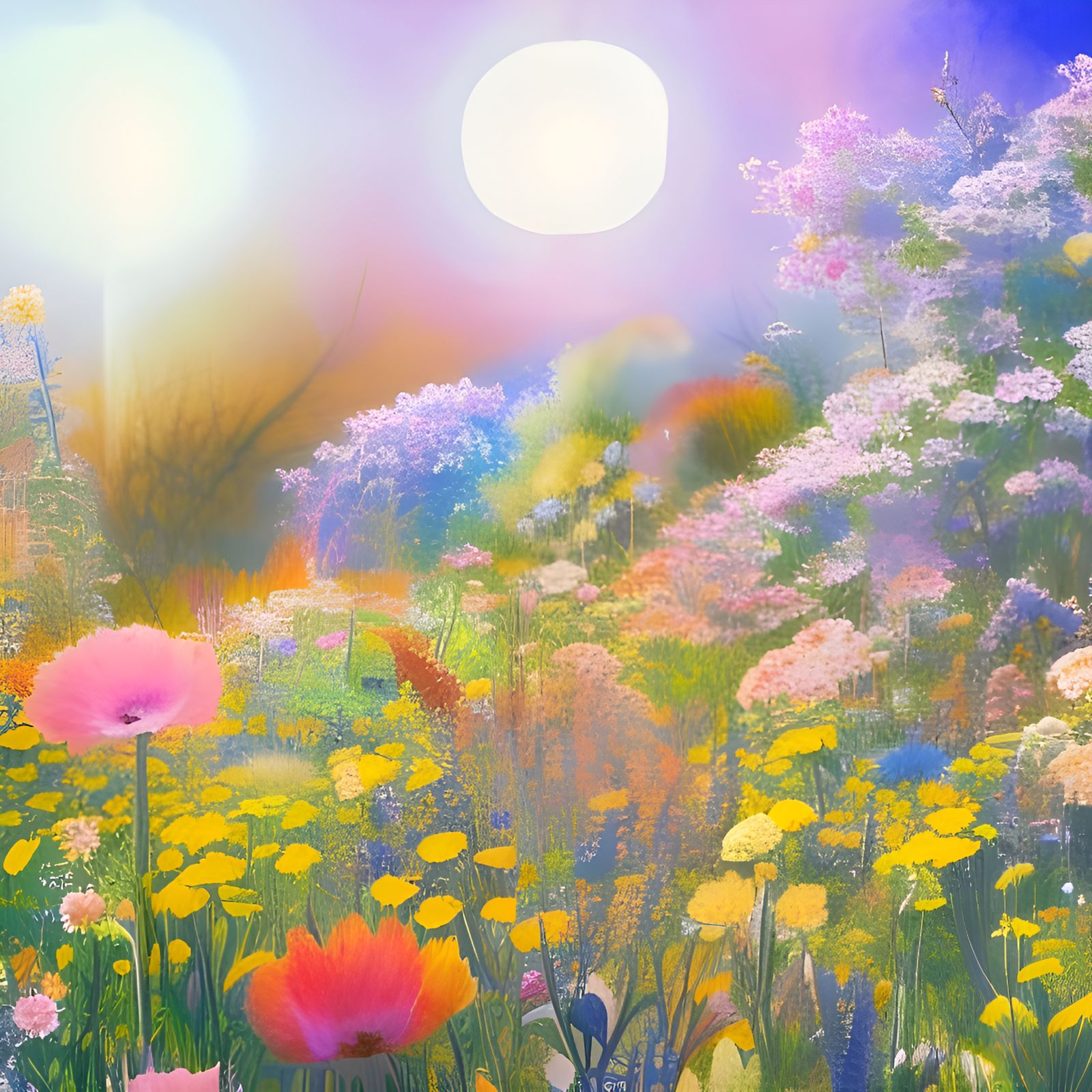 Watercolor Flower Garden at Majestic Sunrise