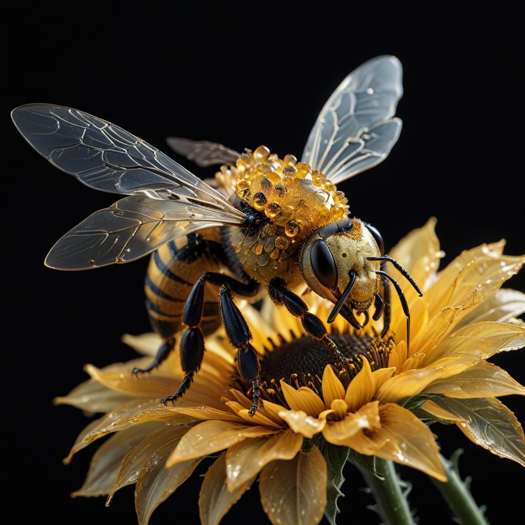Crystal Gem Bee Hovering Over Sunflower