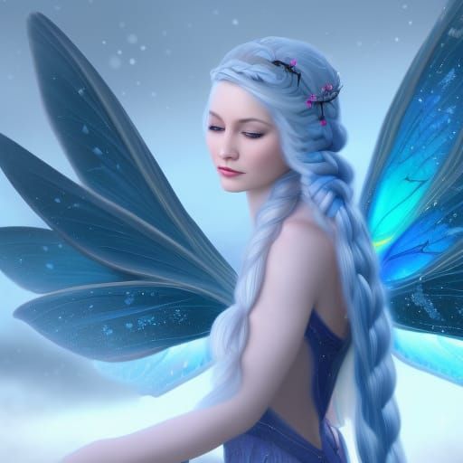 Snow Fairy with Blue Wings in Winter Landscape