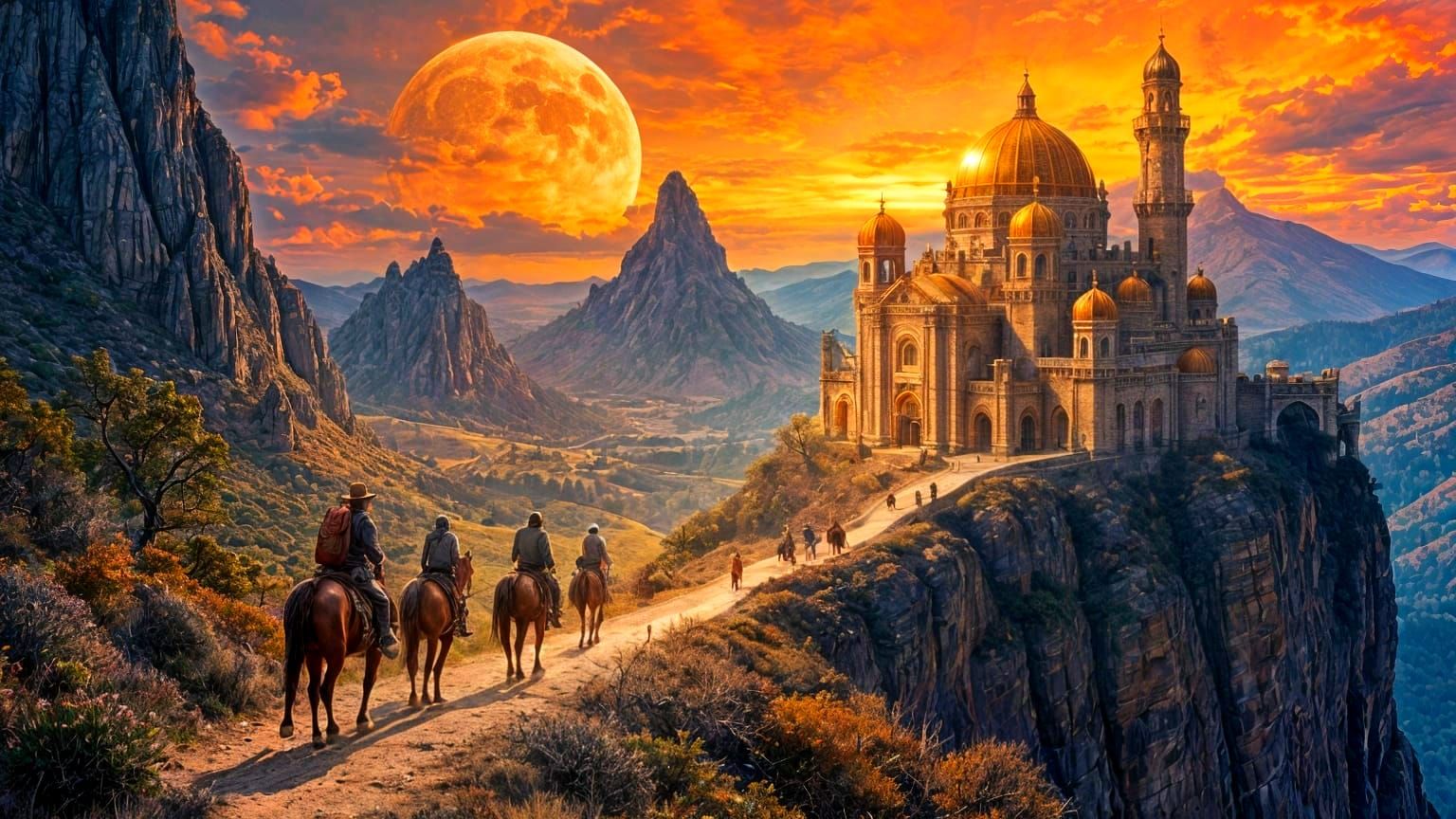 Golden Castle on Cliff at Dusk