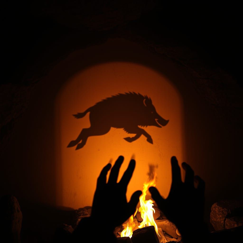 Sinister Shadow Puppet Boar in Fire-Lit Cave