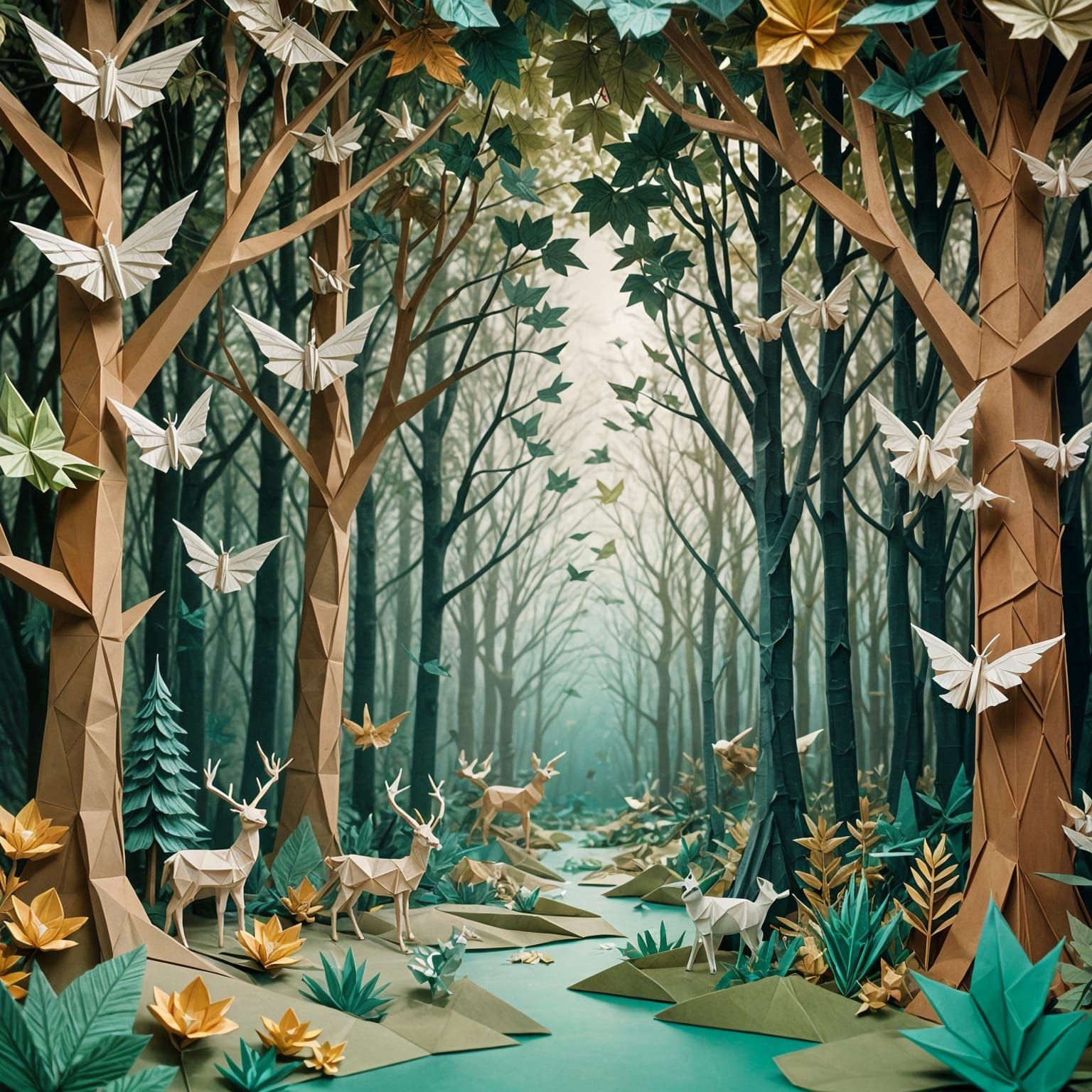 Dreamlike Paper Forest with Origami Creatures
