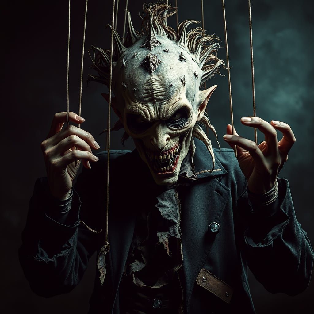 Menacing Puppeteer Manipulates World in Expressionist Style