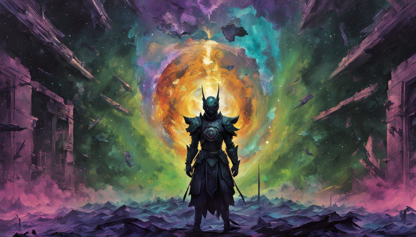 Cosmic Samurai Convergence in Maximalist Collage Style