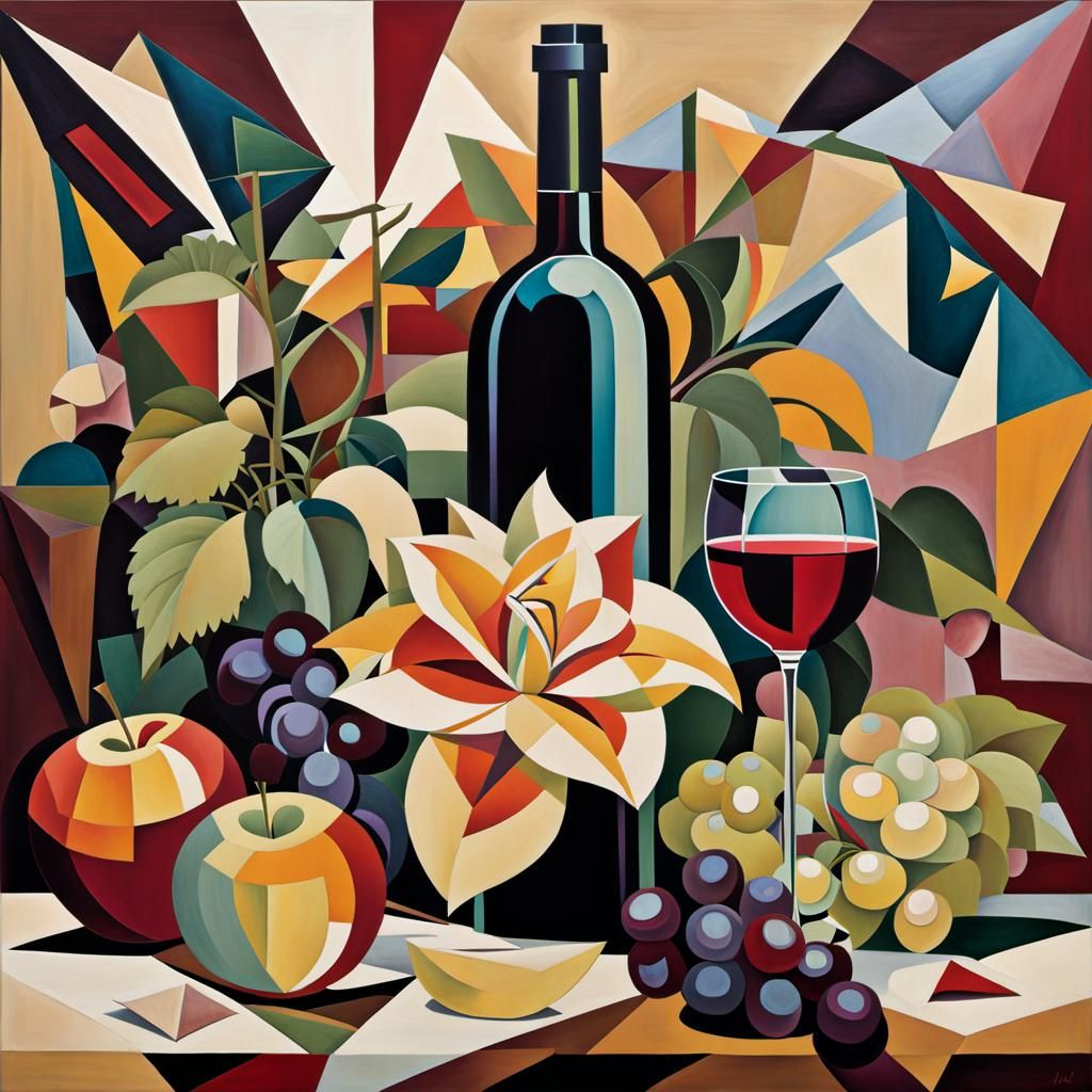 Abstract Cubist Still-Life with Flowers and Fruit
