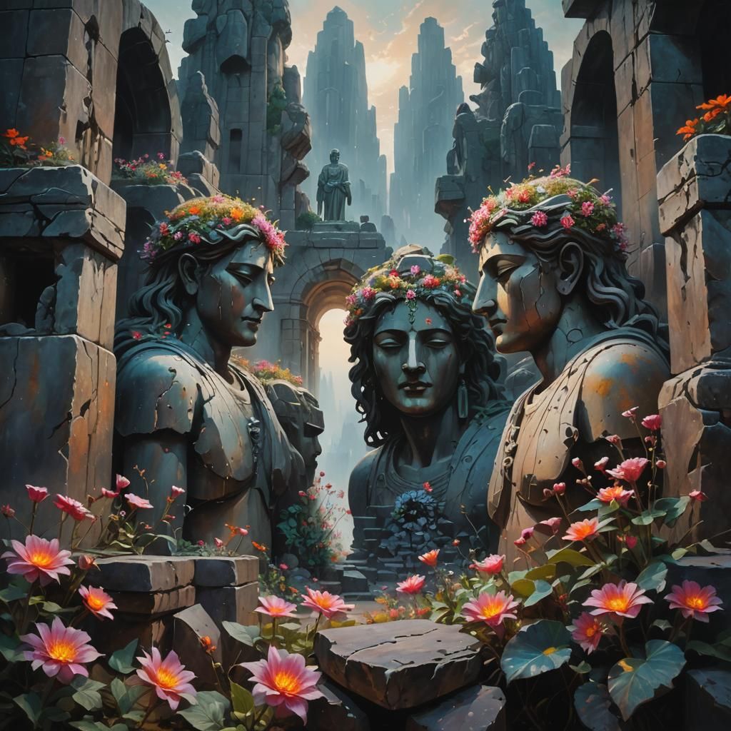 Glowing Flowers Bloom in Surreal Stone Cityscape